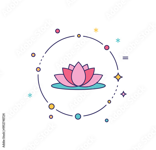 Inner peace and clarity concept centered on a lotus flower icon resting inside a soft circular frame with subtle spark details, symbolizing tranquility and