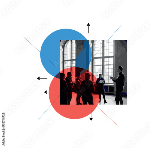 Monochrome composition of visitors listening to a guide in a historic hall with tall windows, combined with overlapping blue and red circles and thin diagonal