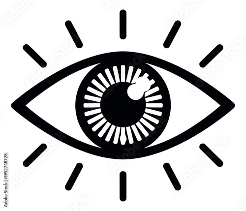 Minimalist line art illustration of a radiating eye depicting vision and insight for modern designs