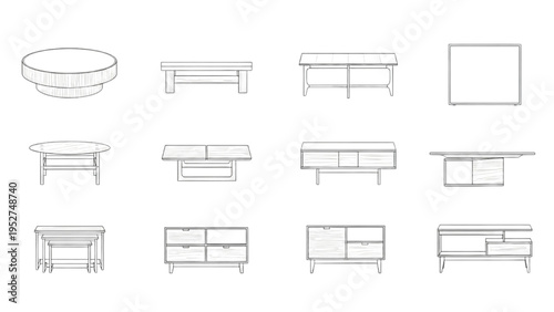 Modern Interior Furniture Collection Tables and Cabinets Outlined