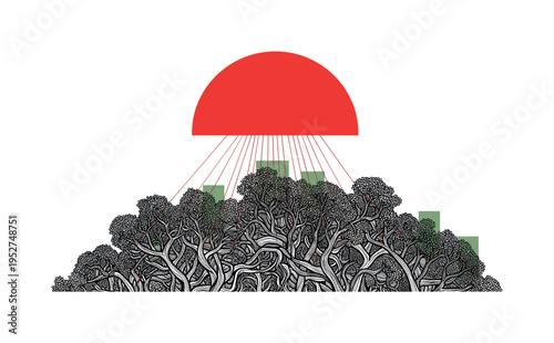 Black and white image of tree canopy forming abstract pattern, large red semicircle pressing from above, thin radiating lines like sunlight beams, minimal