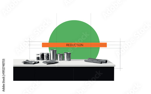 Black and white kitchen counter with metal containers and beeswax wraps neatly arranged, large green sun-like circle behind intersected by sharp orange