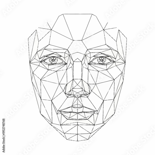 Geometric wireframe human face representing digital identity and biometric scanning.