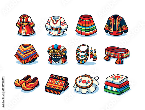 Cultural Dress. Colorful isometric vector icons set of Cultural Dress: cultural gown, folk blouse, traditional skirt, embroidered jacket, heritage shawl,