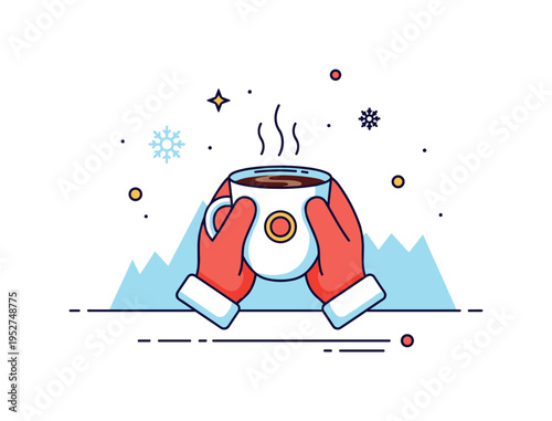 A cup of hot beverage held by gloved hands against a chilly backdrop, emphasizing warmth, contrast, and comfort in cold conditions. Minimalist flat vector