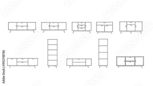 Collection of modern modular furniture cabinets and shelves