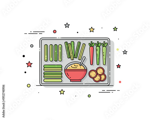 Party appetizer with hummus and veggie sticks featuring a small serving tray with neatly grouped vegetables and a central dip bowl, suggesting social sharing
