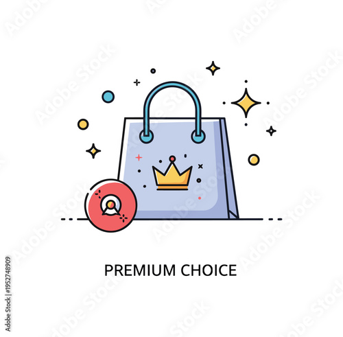 Shopping spree luxury boutique concept showing a refined shopping bag with a small crown icon and delicate star accents, symbolizing premium retail experience