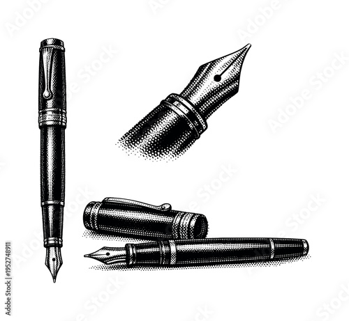 Vintage pen represented as an old-style writing pen with classic proportions, decorative details, and a traditional clip, shown as a single object. Black and