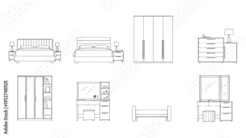 Bedroom furniture set, illustrated line art of home interior objects