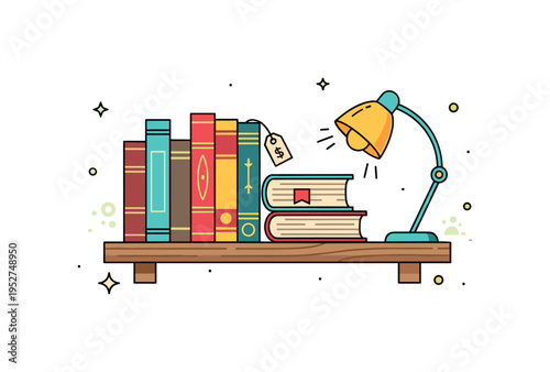 Old bookstore atmosphere captured by a small wooden shelf holding several aged books with decorative spines and a tiny price tag, expressing nostalgia and