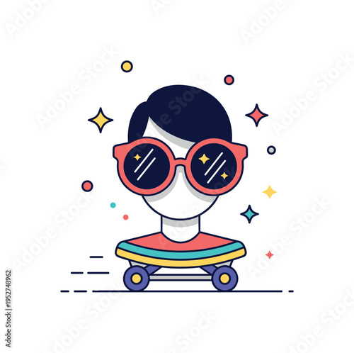 Themed costume roller party scene illustrated through a skater silhouette wearing oversized sunglasses with subtle sparkle accents, symbolizing self expression