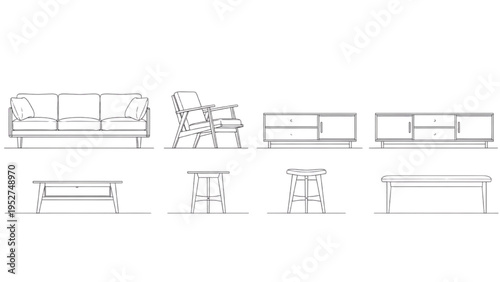 Minimalist Furniture Collection Outline Drawings for Modern Interior Design