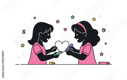 Creative playtime bonding illustrated through a mother and daughter silhouette drawing a heart shape with a crayon, expressing imagination, encouragement, and