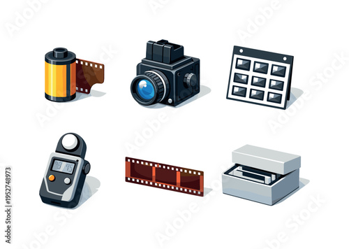 Film Photography. Isometric flat vector icons set of Film Photography: 35mm film roll, medium format camera, contact sheet, light meter device, negative film