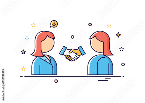 Conflict resolution two simplified figures facing each other with a small handshake forming at the center, symbolizing restored trust and mutual understanding.