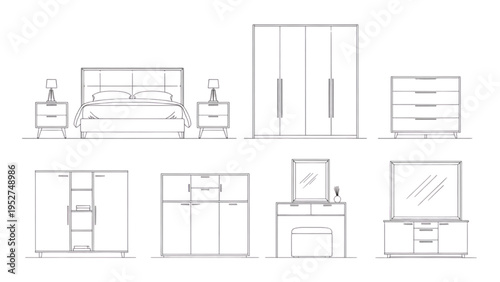 Modern Minimalist Bedroom Furniture Line Art Collection Vector
