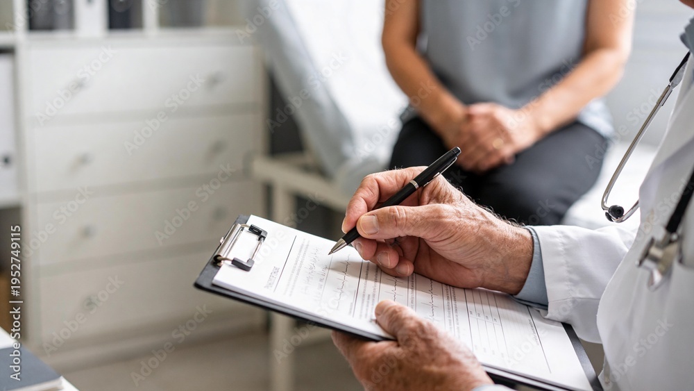 Fototapeta premium An elderly doctor in a white coat taking notes during a patient consultation, highlighting professionalism in a modern healthcare setting.