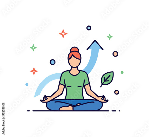 Holistic fitness lifestyle illustrated through a meditating figure with a soft upward arrow and small leaf icon nearby, expressing sustainable strength and