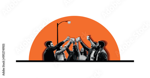Monochrome friends clinking disposable cups in celebration, bold orange half-circle behind like streetlight glow, thin baseline grounding the figures, layered