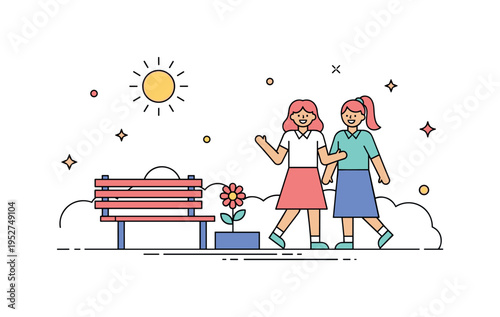 Sunny day park outing centered on two happy people in light shirts and skirts walking past a simple bench and flower detail. The scene conveys