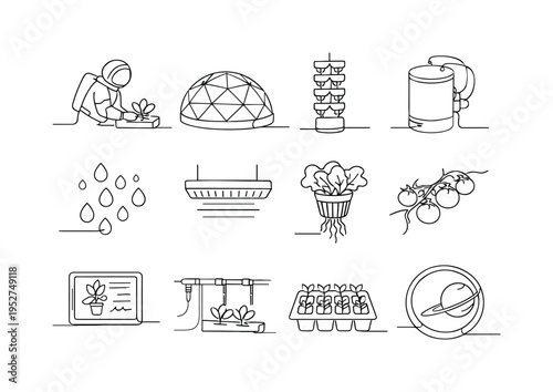 "Space Hydroponic Colony Farming". Minimalistic set one-line drawing [astronaut tending hydroponic plants, space station greenhouse dome, vertical hydroponic