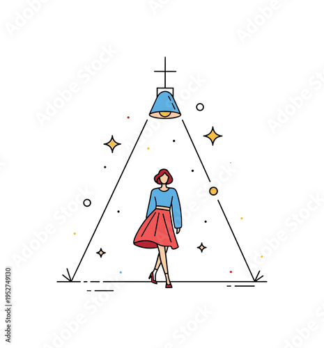 Runway spotlight fashion moment showing a model walking through a narrow cone of light with subtle star accents, symbolizing performance and bold presence. The