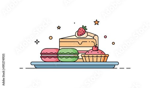 Dessert platter elegant round tray with a slice of cake, a macaron and a small tart arranged in a balanced composition, conveying indulgence and