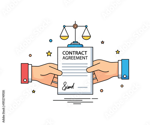 Contract agreement negotiation illustrated through two simplified hands exchanging a signed document, with a balanced scale icon subtly integrated above to