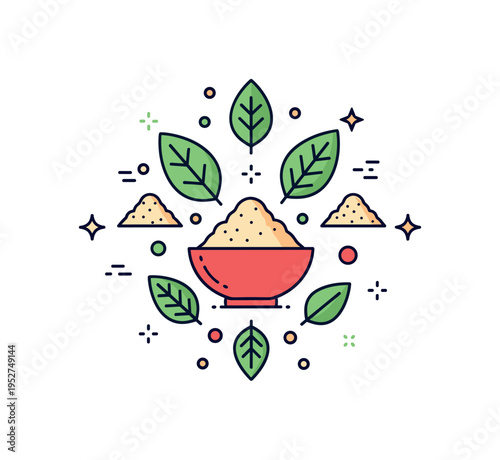 Herbs and spices seasoning blend concept featuring a central bowl with mixed leaf and powder shapes arranged symmetrically. The compact editorial composition