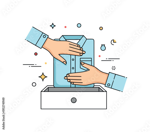 Marie Kondo inspired folding method featuring hands shaping a compact folded shirt standing upright in a drawer, expressing satisfaction, mindfulness, and