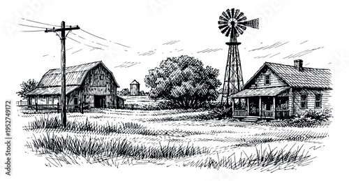Hand drawn line art illustration of a farm scene depicting a traditional barn, house, and windmill for agriculture or countryside design