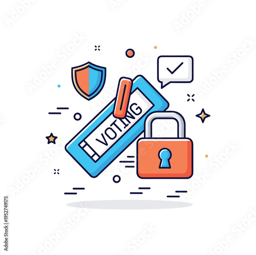 Online voting system concept shown as a ballot icon merging with a secure digital lock, expressing democratic participation and cybersecurity. Compact badge