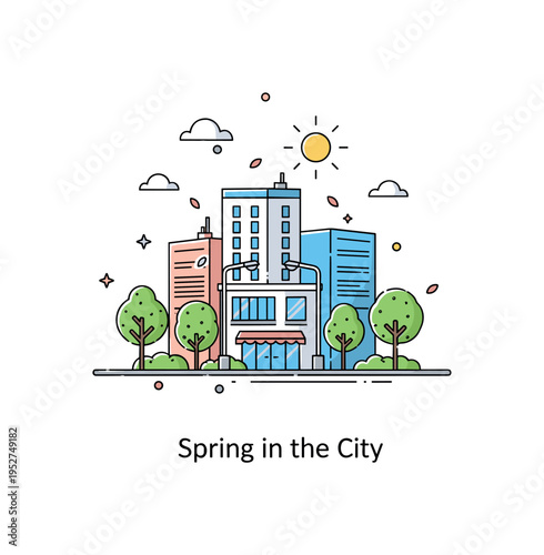 May greenery in urban streets fresh spring atmosphere illustrated by a compact city block with blooming trees lining the sidewalk and soft sunlight above,