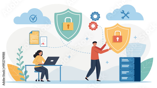 Digital safety and encryption concept with people working on laptop and server shield icons and lock symbols protecting data