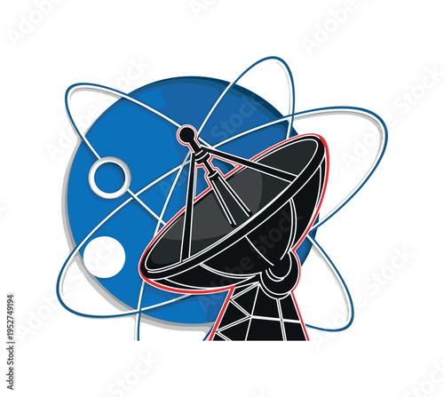 A monochrome close-up of a satellite dish and antenna module, oversized abstract circle behind symbolizing a planet, circular orbit lines intersecting the
