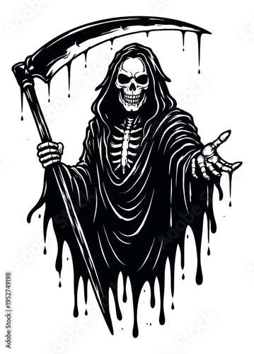 Dripping line art illustration of the grim reaper depicting a cloaked skeleton holding a scythe and an outstretched hand for horror and tattoo designs