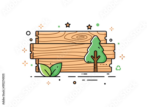 Pine wood material theme illustrated by a simple plank texture pattern with a small tree icon to represent sustainable forestry and natural resources. The