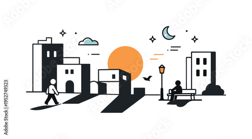 Evening shadows in urban space. A minimal scene of buildings casting long shadows during sunset. Calm city atmosphere, transition from day to night, expressed