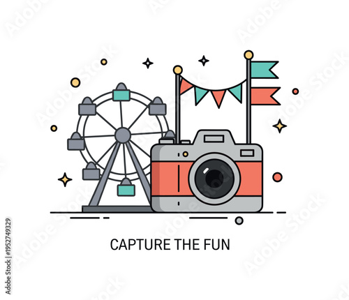 Community fair documentation scene illustrated by a compact camera beside a small Ferris wheel silhouette and banner flags. A short ?Capture the Fun? label