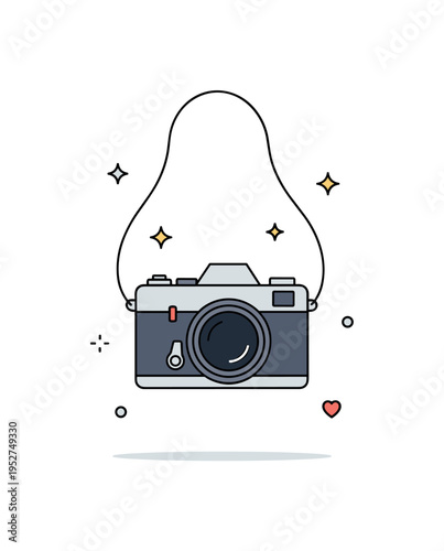 Classic photographer lifestyle illustrated by a film camera hanging from a subtle strap curve with small sparkle accents suggesting cherished moments. The