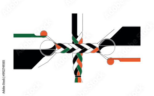 Black and white top-down view of open art book surrounded by pencils and notes, oversized circular halo beneath symbolizing focus, deep navy and coral red flat