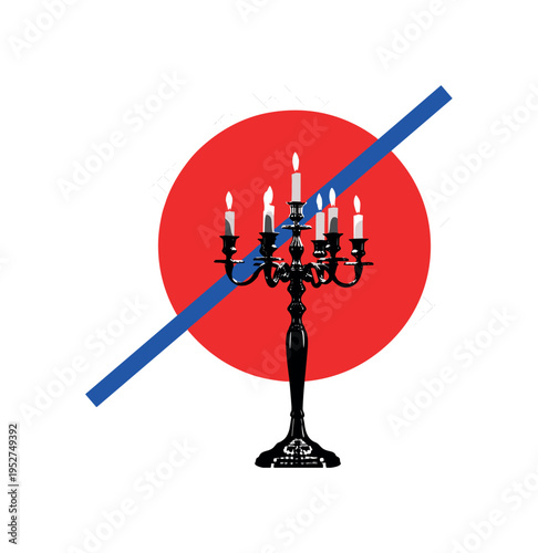 Black and white vintage candelabra with multiple flames, bold red circle centered behind structure, blue diagonal stripe adding subtle contrast, thin geometric