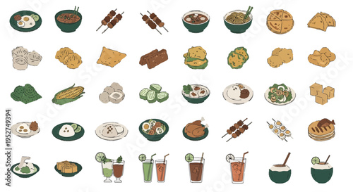 Indonesian Street Food Vector Illustration Set - Traditional Asian Cuisine Icons Collection