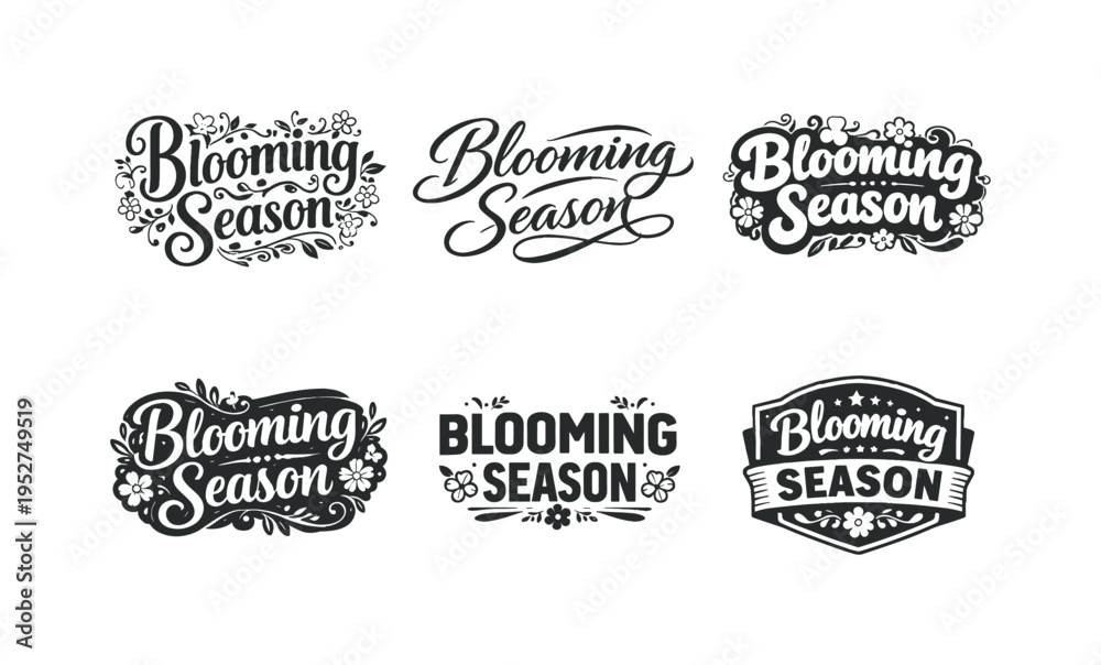 Fototapeta premium Blooming Season. Set lettering. harmonious lettering variations of the same emblematic concept, each with different artistic interpretation (Decorative floral