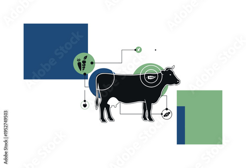A monochrome cow silhouette integrated with abstract circular forms containing crop symbols inside, thin connecting lines representing ecological balance, flat
