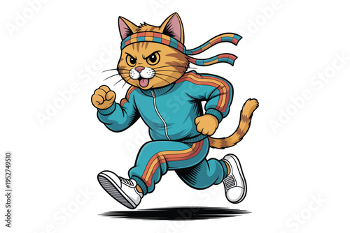 A determined cartoon cat wearing a tracksuit and headband is mid run showcasing a dynamic pose on transparent background high-quality.