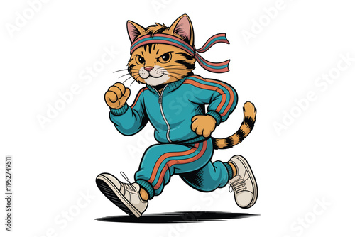 A determined cartoon cat wearing a tracksuit and headband is mid run showcasing a dynamic pose on transparent background high-quality.