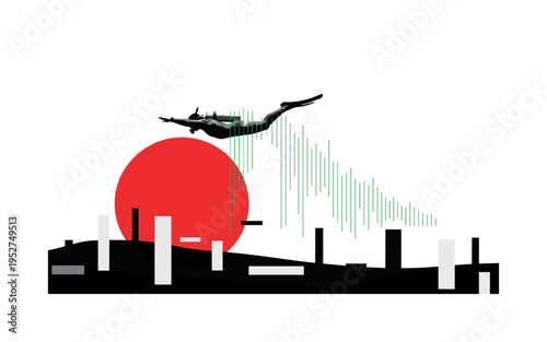 Black and white image of diver hovering above textured seabed, large red circle partially hidden behind to imply hidden depths, thin green vertical lines