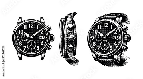 Mechanical wristwatch A mechanical wristwatch shown as a single object, presented in front, side, and three-quarter views highlighting crown details, case